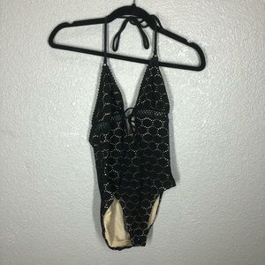 Robin Piccone Black & Nude One Piece Plunge Swim Suit